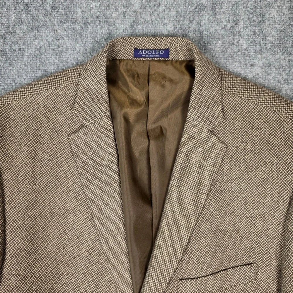 Adolfo Blazer Mens 44L Brown Herringbone Tweed Lambswool Sport Coat‎ Classic Vtg